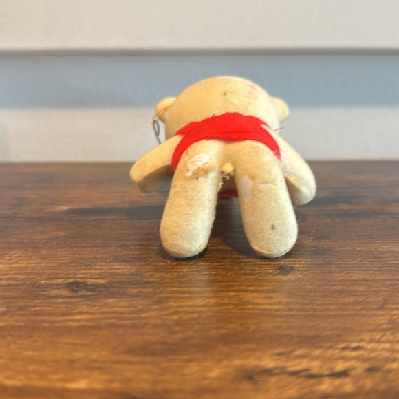 VINTAGE CHRISTMAS BEAR WITH OVERALLS AND TIE PLASTIC FLOCKED HANGING ORNAMENT - Picture 3 of 6